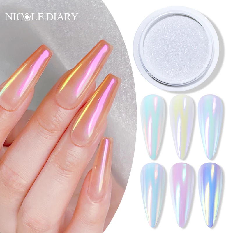 

NICOLE DIARY Aurora Nail Powder White Pearl Chrome Mirror Effect Nail Art Glitter Pigment Powder