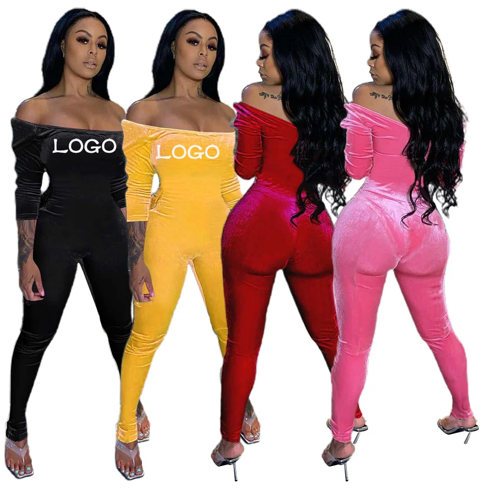 

Fall Womens Velvet jumpsuit 2022 Custom Logo Off shoulder Long Sleeve Bodycon Jumpsuit Woman One Piece Jumpsuits And Rompers, Picture