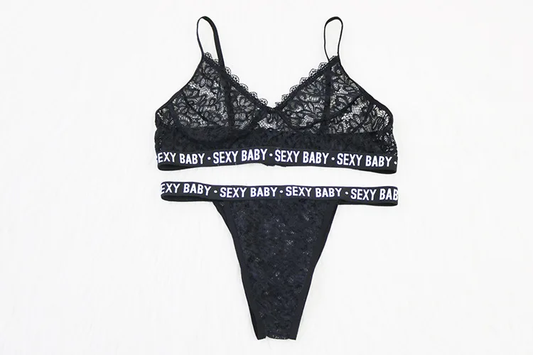 Eaby Hot Selling Sexy Lace Bikini Transparent Lettered Europe and America Sexy Lingerie Set