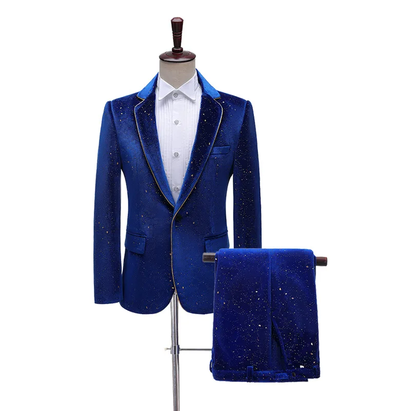 10%OFF M-2XL Men's Stage Show Dresses Velvet Bronze Trim Suits Singer Performance Colorful Suits (Blazer+Pant)