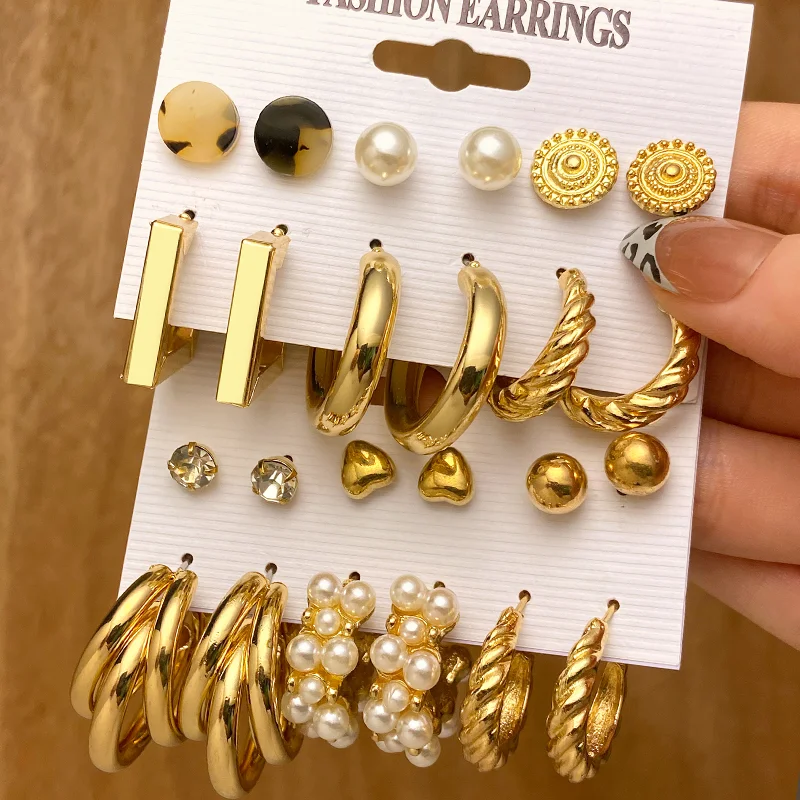 

Trendy Gold Metal Earrings Set For Women Fashion Geometric Pearl Circle Drop Earrings Set Jewelry