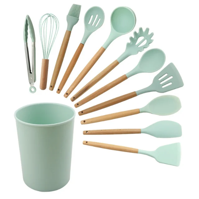 

Silicone Kitchen Set Wooden Tools Cooking List Silicon Utensils Accessories Heavy Duty 11Pcs Cook Utensil