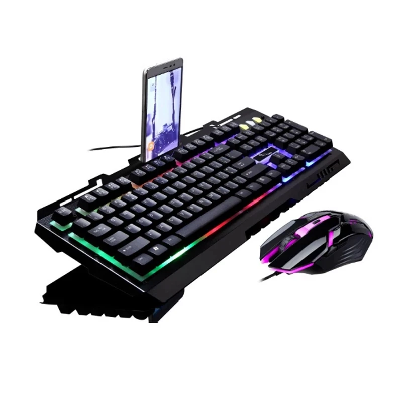 

G700 gaming keyboard mouse combos 104 keys RBG backlight USB wired keyboard with mobile holder, Black white