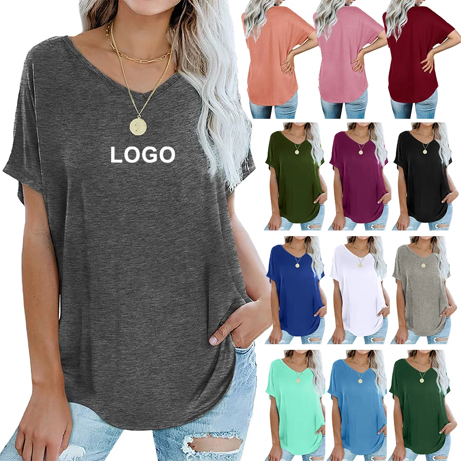 

Summer 2021 Hot sales solid print color V neck Bat Sleeve Top tee tshirt shirts for women, 13 colors or oem