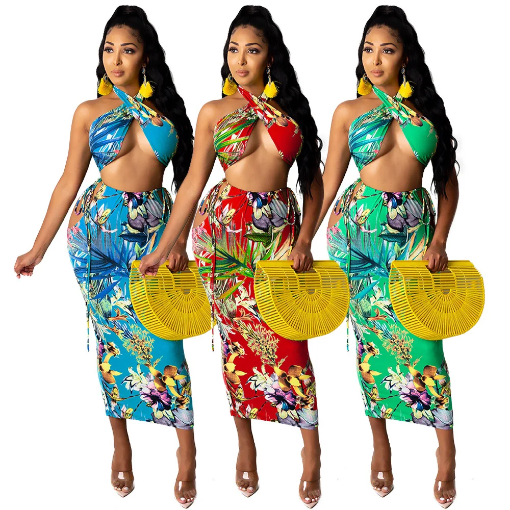 

new pattern Summer Women's Sexy Halter Bra Backless crop top floral Printed Split Skirt Lady's Casual Dress, Picture color