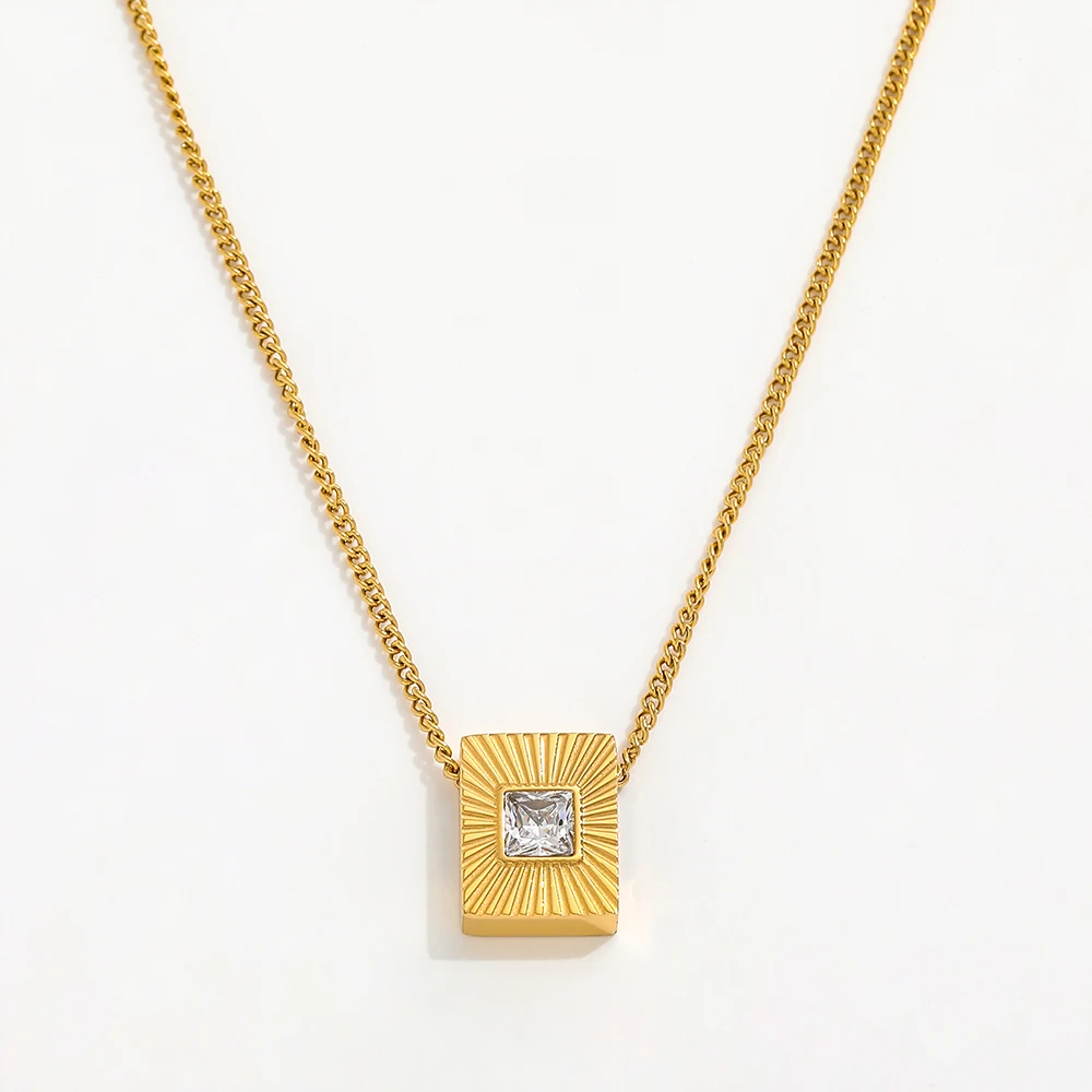 

JOOLIM High End Stainless Steel Zirconia Rectangle Burst Necklace 18K Gold Plated Jewelry Wholesale