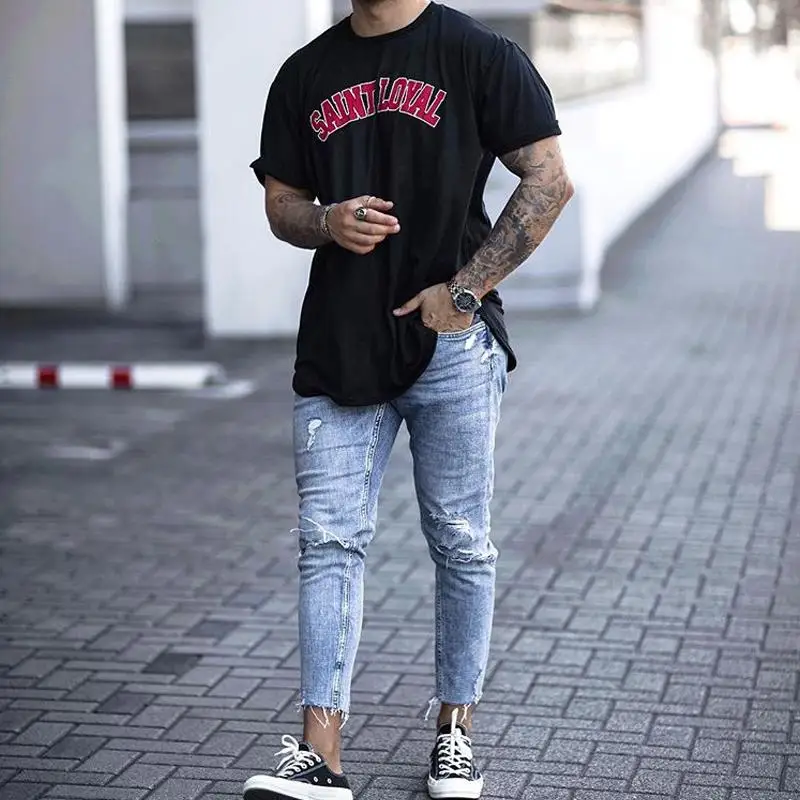 

Men Jeans Skinny Distressed Ripped Jean Pants 2020 Men's Slim Fit Fashion Stacked Pencil Denim Pants Trousers