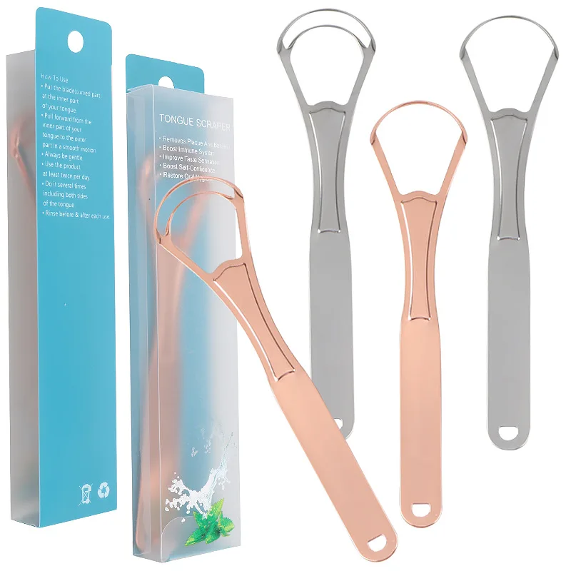 

New Arrival Food grade 304 stainless less metal rose gold tongue scraper cleaner for tongue cleaning, Sliver,rose gold