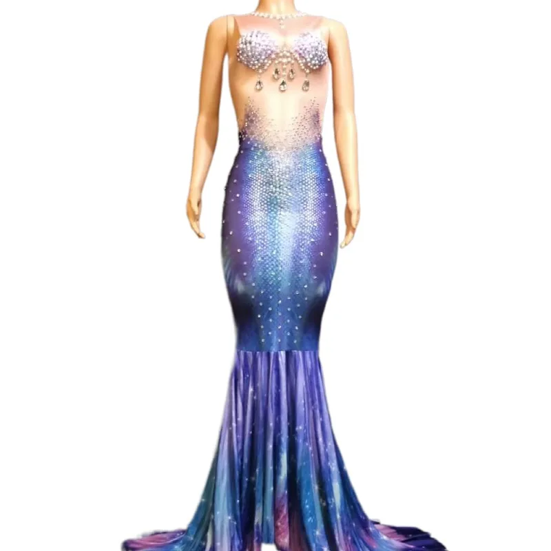 

Fashion Princess of the Sea Pearl Rhinestones Wedding Party Dress Sexy Ball Evening Gown Women Birthday Mermaid Prom Dress, Blue