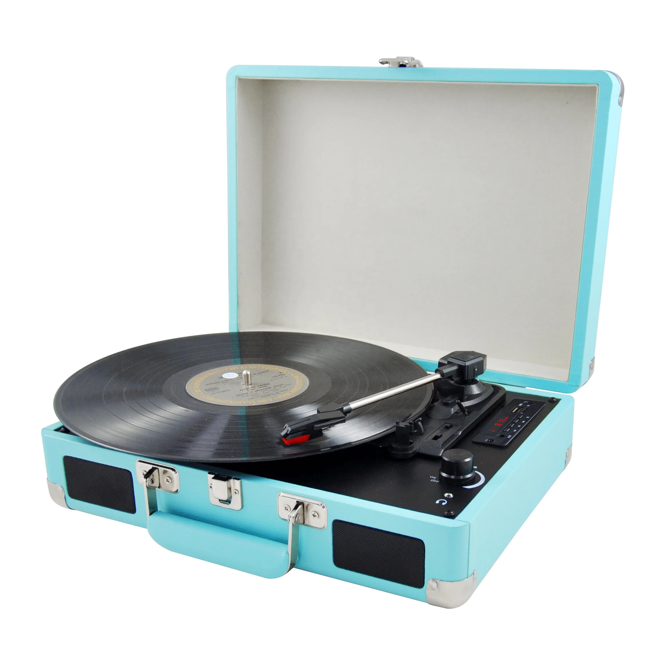 

AUDMIC Portable Belt Driven Vintage Bluetooth Vinyl Turntable Stereo Record Players With FM Radio, Blue , red or black