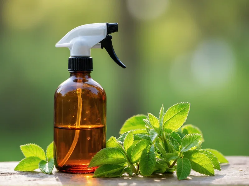 Homemade mosquito repellent spray bottle with fresh herbs