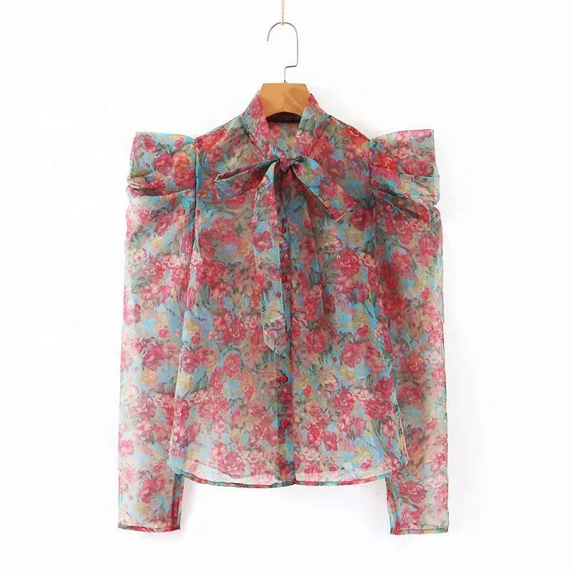 

B51350A Fashion flower printed new style women long sleeve organza shirt, Show