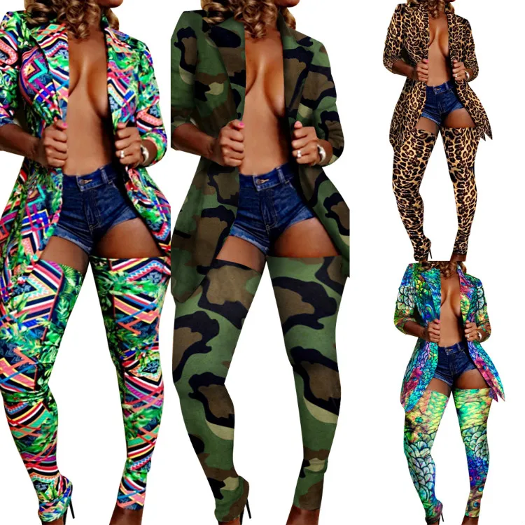 

Unique Fall Two Pieces Set 2 Piece Women Outfit Leopard Camo Blazer Set Women Two Piece Stylish Legging with Blazer Set Women