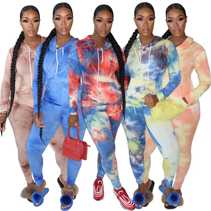 

Plus size 2020 fashion summer women tie-dyed T-shirt and long pants biker sports sets two pieces