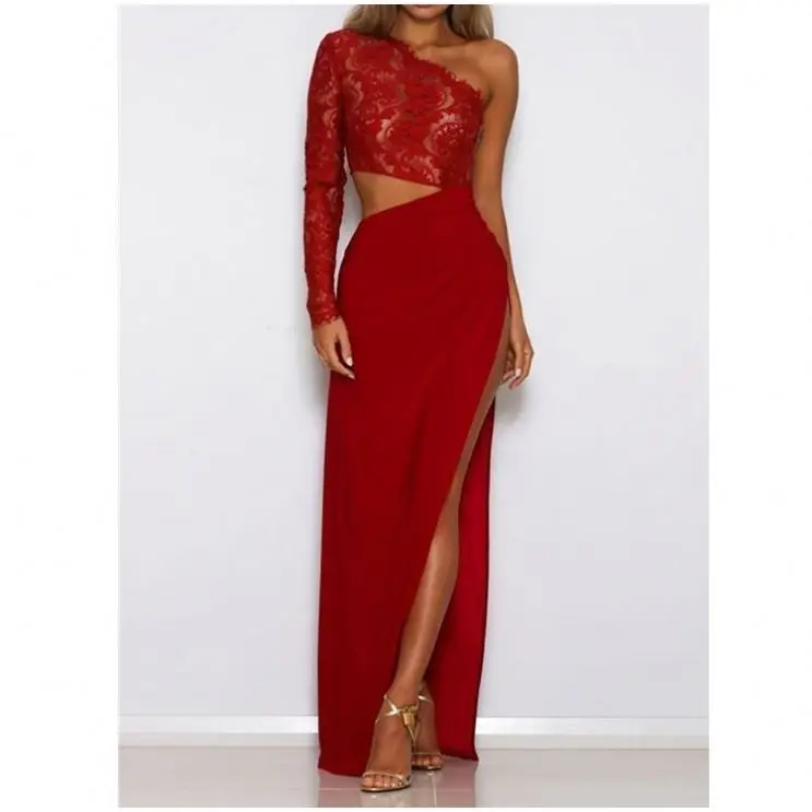 

2019 Woman Apparel Lace Upper One Shoulder Red Split Dress Ladies Evening Gown