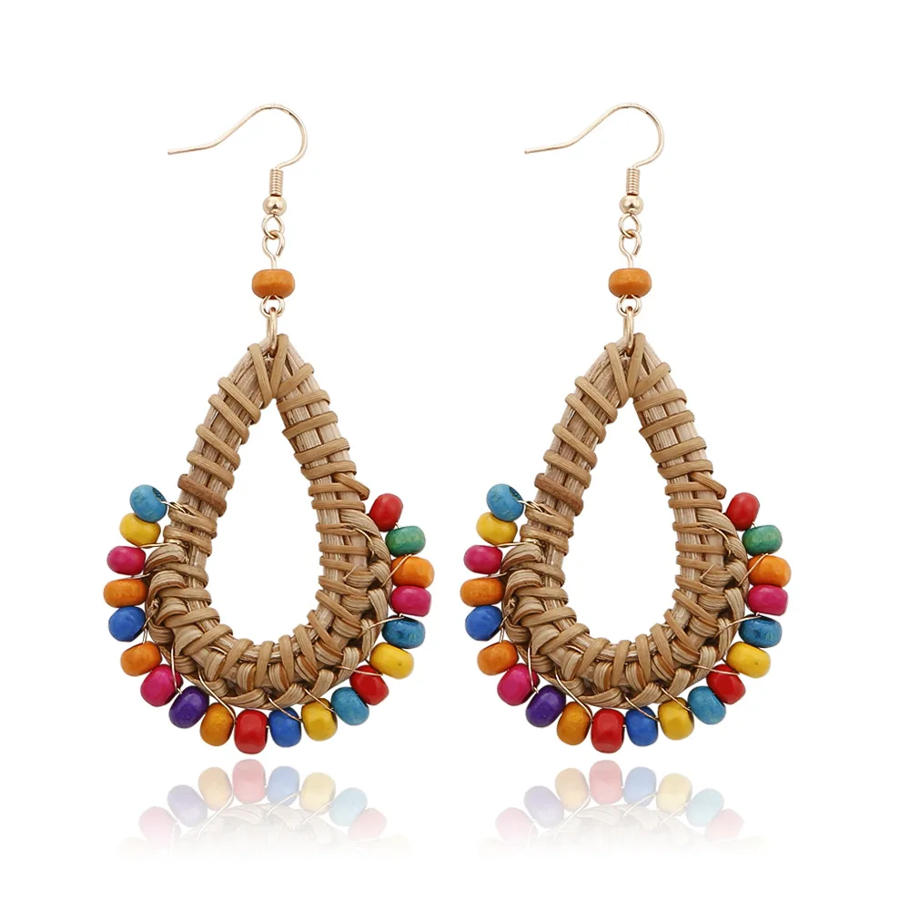 

New Arrival Bohemian Colorful Seed Bead Earrings Handmade Teardrop Woven Rattan Earrings