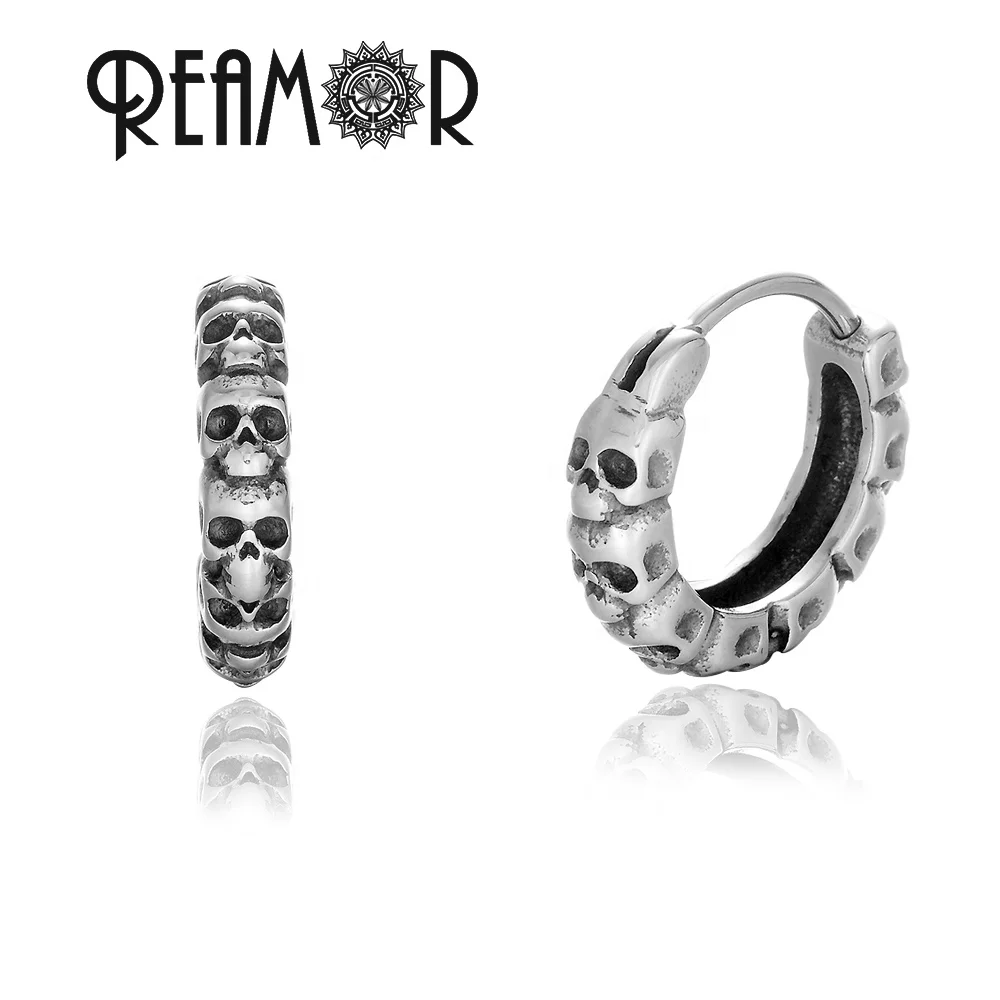 

REAMOR Wholesale Punk fashion Personality Skull Head Stainless Steel Jewelry Hoop Earring Custom design for Men Women