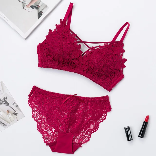 Fashion Embroidery Lace Bra Panty Set Sexy Triangle Cup Bras Brief Padded Bra Wireless Lace