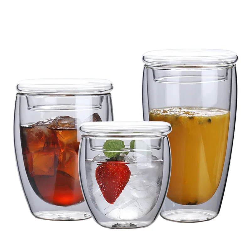 

Egg shaped double wall borosilicate glass cup with lid for water milk and juice