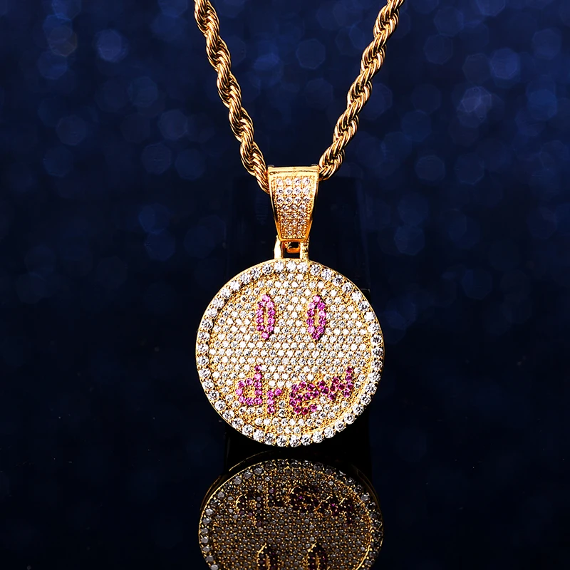 

Trendy Hip Hop Iced Out Full Zircon Paved Justin Bieber Drew Smiling Face Pendant Necklace With Rope Chain