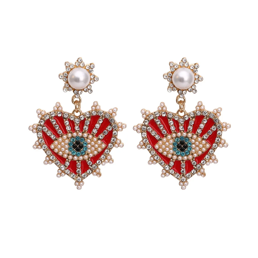 

Explosive Heart Shaped Alloy Drop Oil Inlaid Pearl Earrings Fashion Street Shooting Devil's Eye Rhinestone Earrings for women, Red