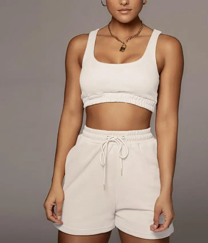 

2021 custom logo biker shorts set women crop top vest 2 two piece set causal crop top and short pants set, As shown