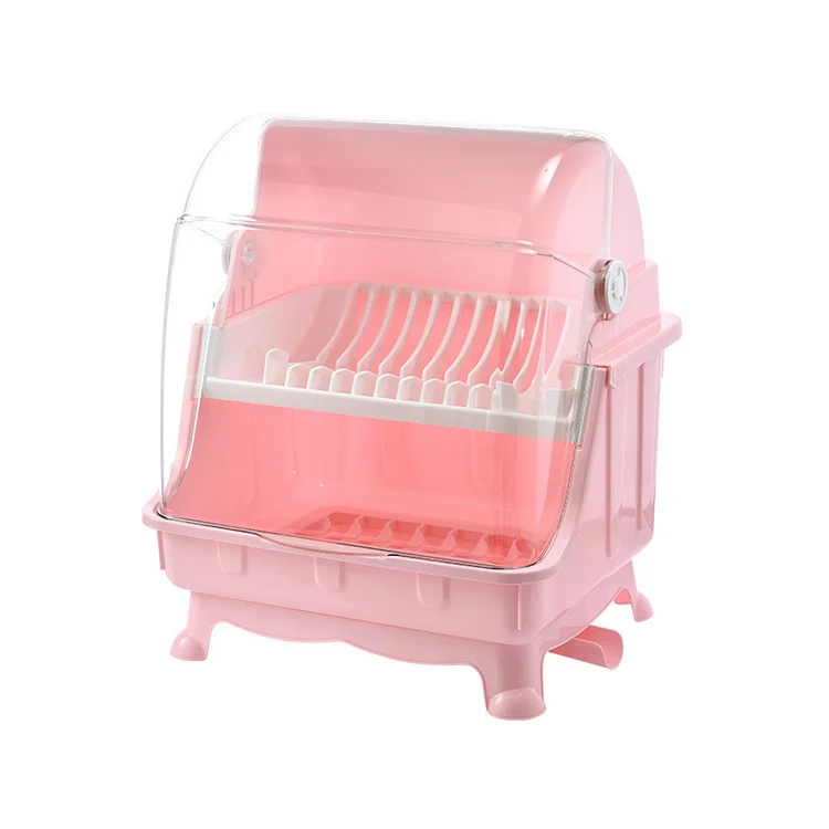 

A269 High Quality Dust-proof Double Layer Plastic Dish Rack with Lid Kitchen Plate Drying Rack, Pink/blue/grey