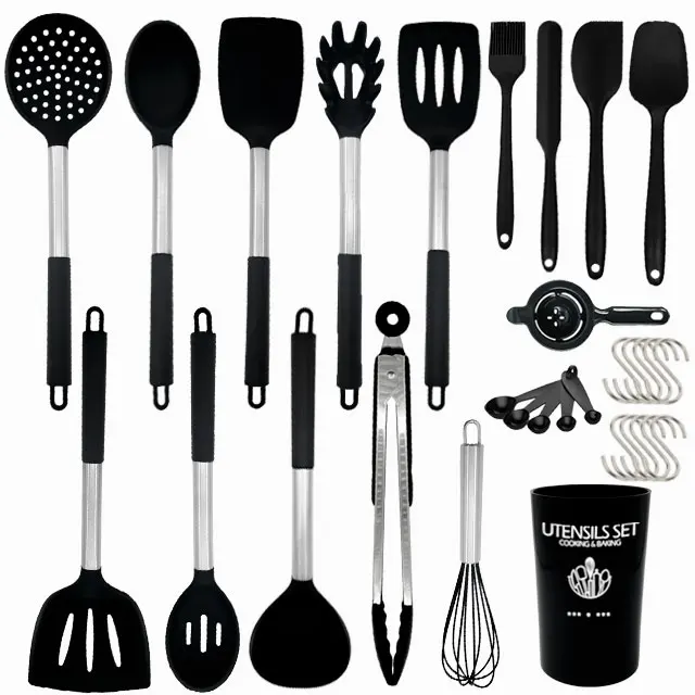 

Silicone Cooking Utensil Set Kitchen Utensils 31 Piece Cooking Utensil Set with Stainless Steel Handle, Black + silver