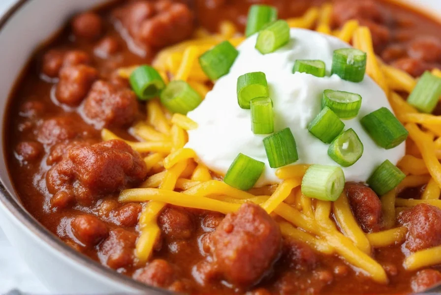 Finished bowl of homemade chili with melted cheese, sour cream dollop, and fresh green onions as toppings