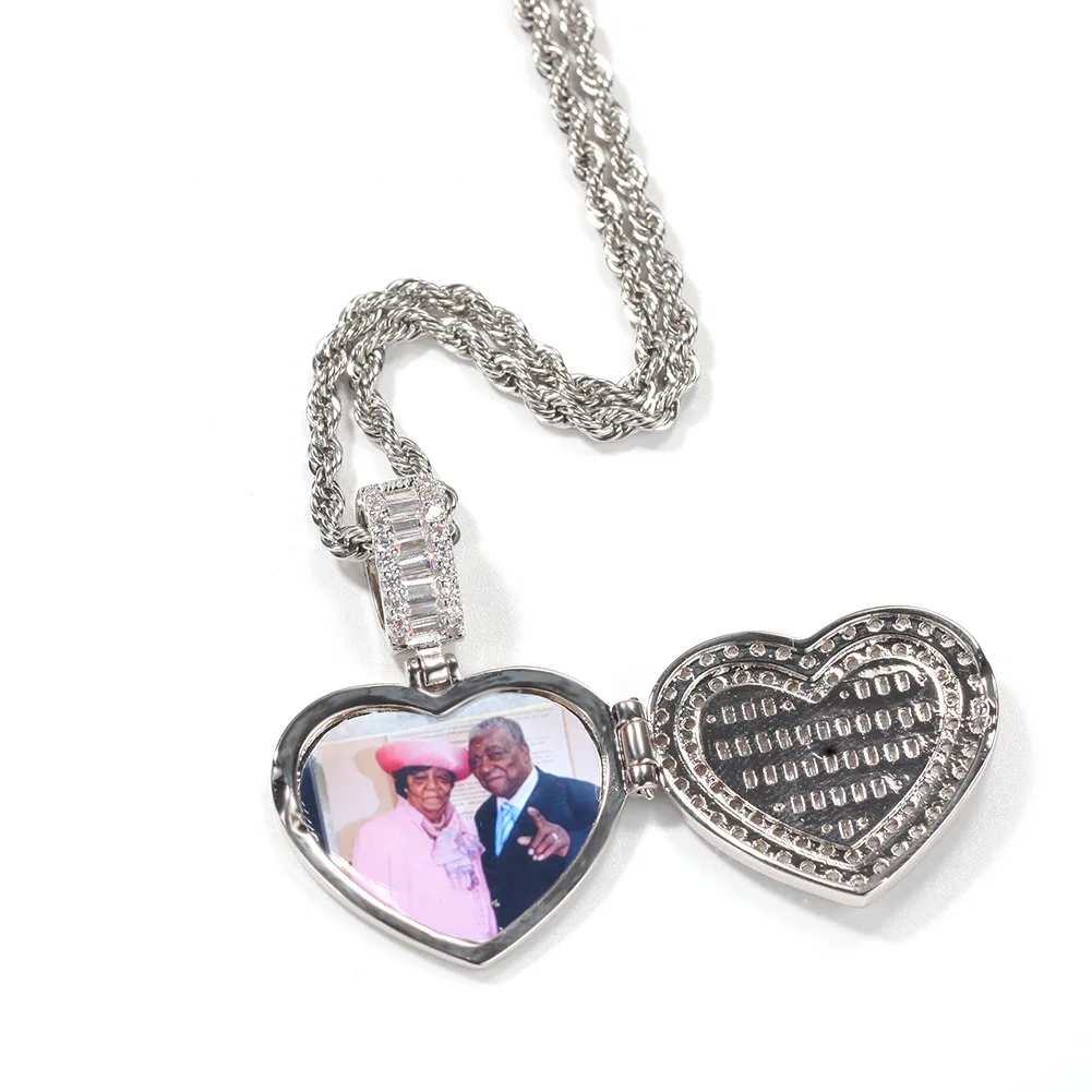 

Hip Hop Custom Photo Pendant Necklace Jewelry Bling Bling Zircon Silver Heart Locket Necklace, As pic