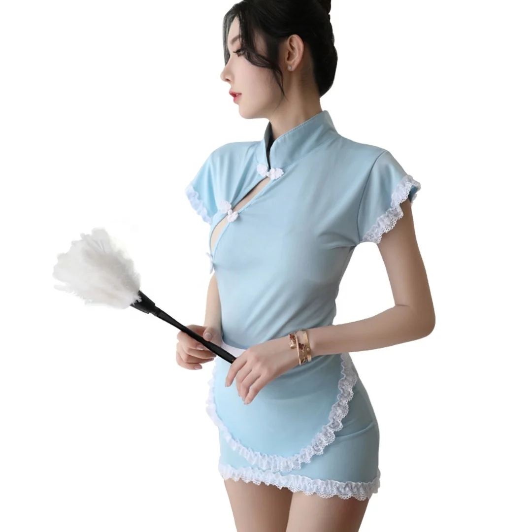

2021 European and American light blue white lace with apron belt comfortable soft sexy lingerie set, Sky blue