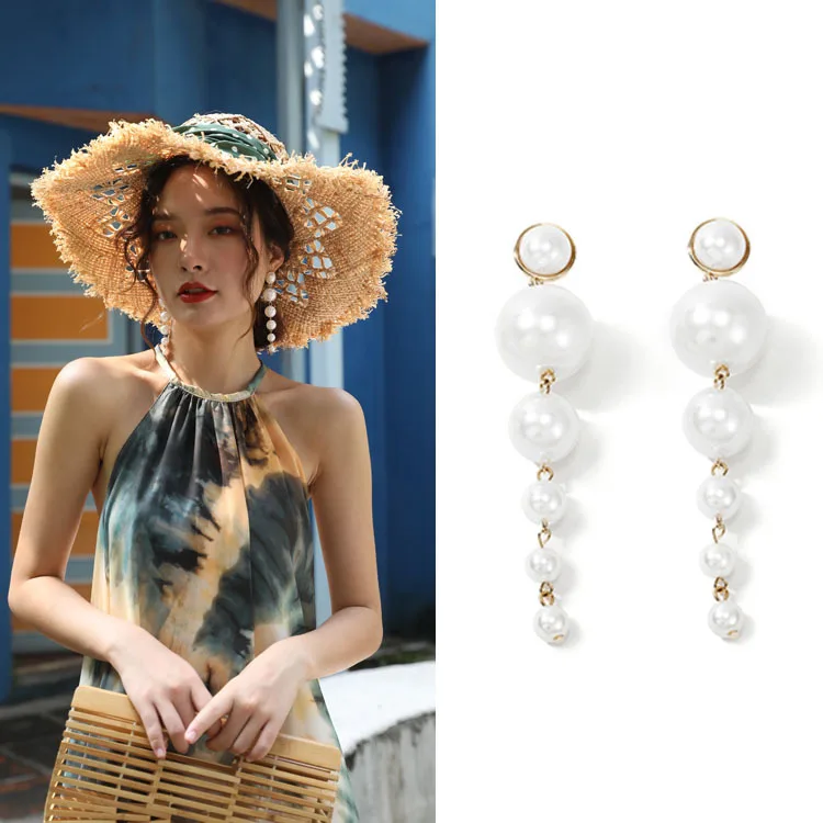 
Hot Retro Big Pearl Long Dangle Earrings Simple Irregular Pearls String Drop Earring Statement Pearl Earrings For Elegant lady 