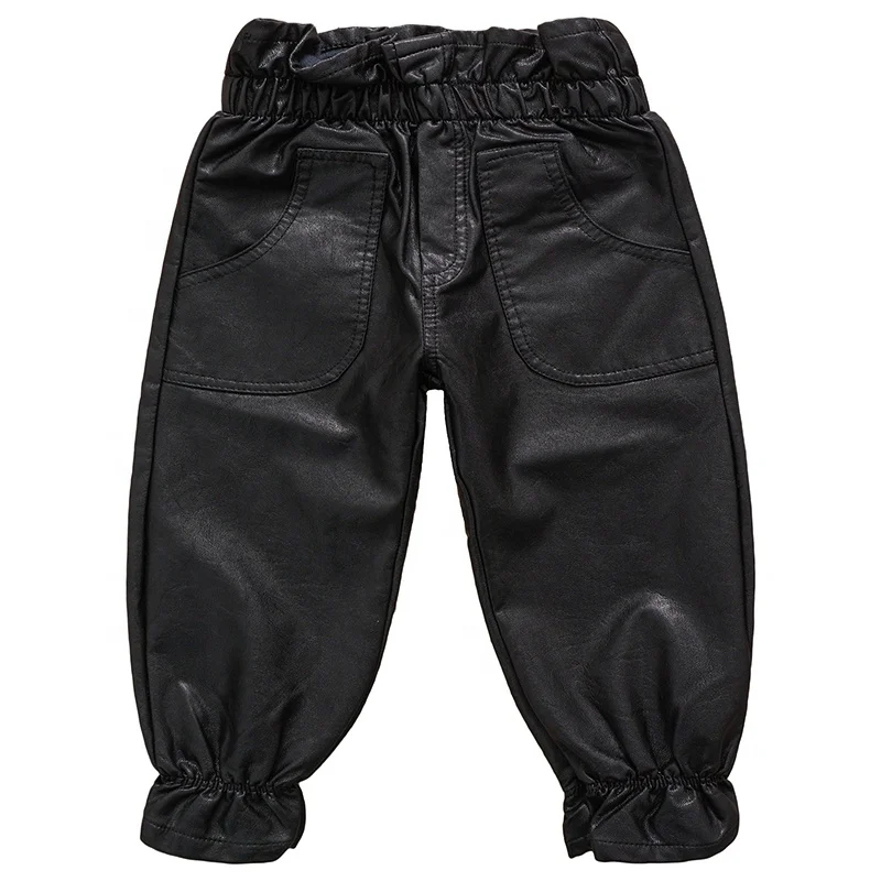 Manufacturer supply windproof baby girls stretchy PU leather skinny black pants