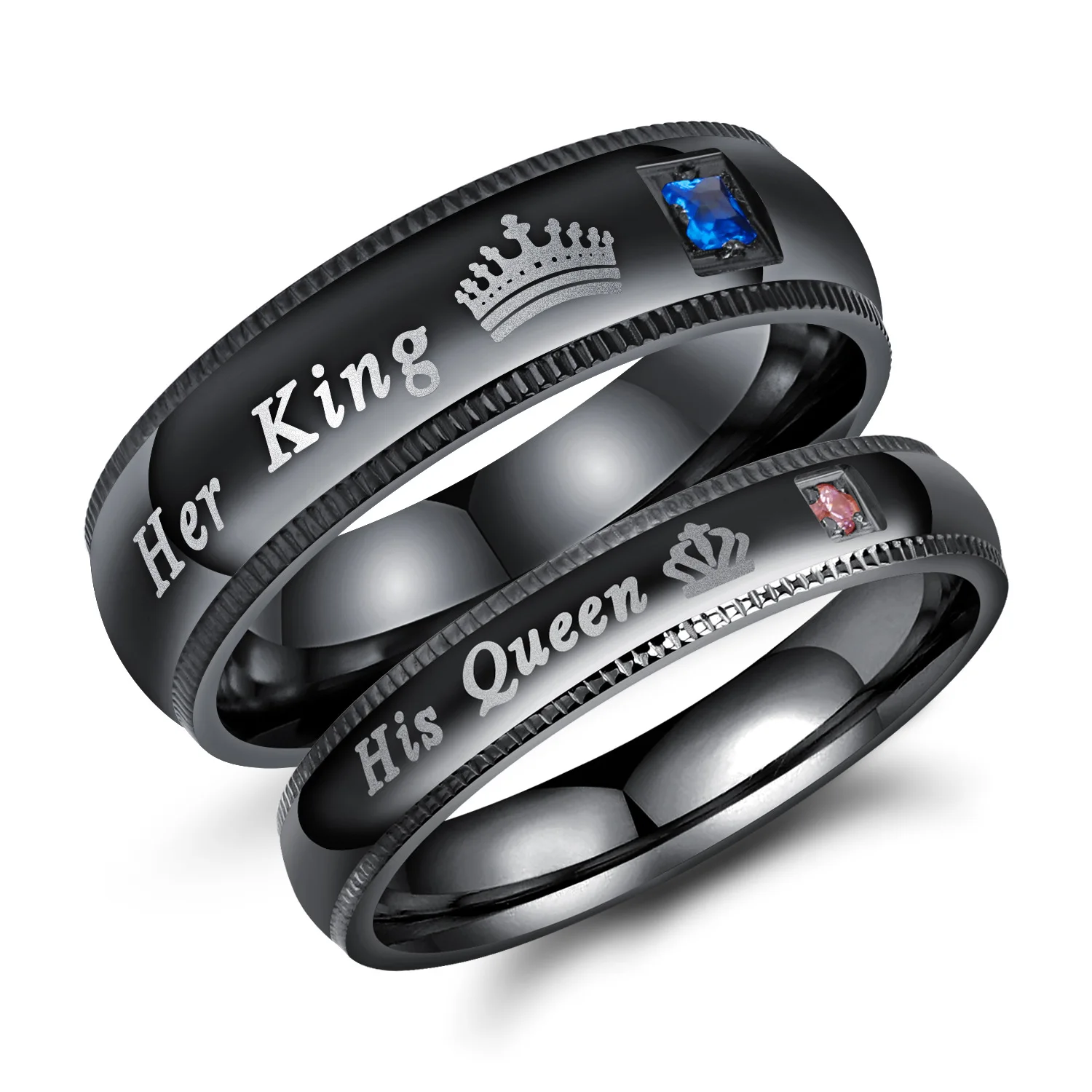 

His Queen & Her King Black Stainless Steel Couple Ring Set For Wedding Rings, Picture