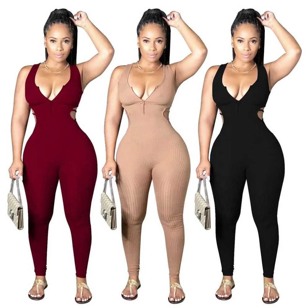 

Zkmy1027 Fall Ladies Bodycon Jumpsuit Dress Solid Color Slim Sexy Fashion Trendy Back Straps Tank Sleeveless Women