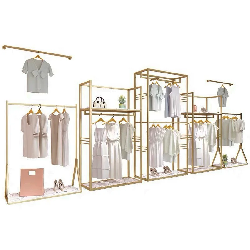 

Ready To Ship Women Clothes Store Display Rack Commercial Garment Stand Gold 2 Layers Kids Clothing Rack With Shelves