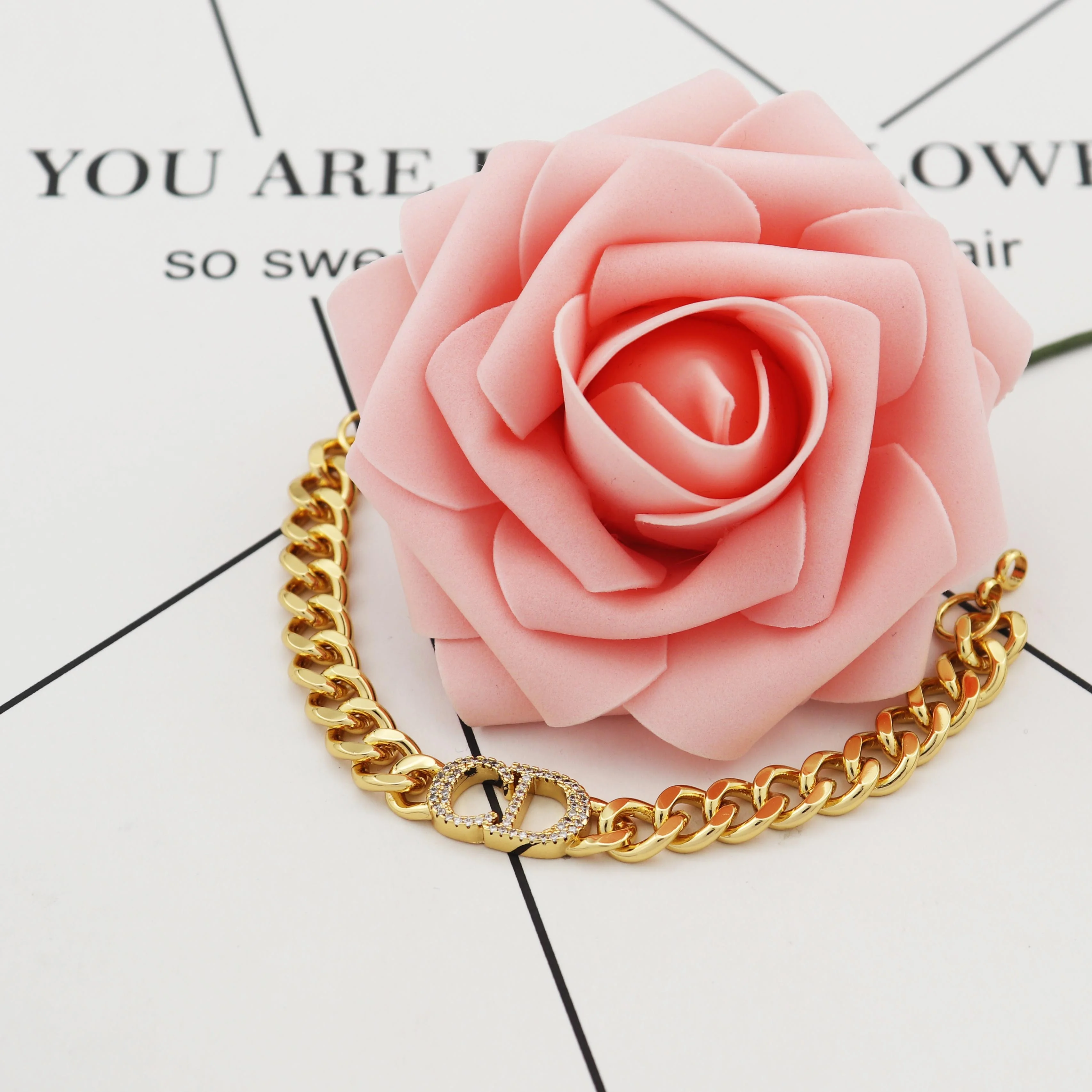 

Simple Copper Classic Letter Zircon Bracelet 18k Gold Plated Brand Jewelry Ladies Bracelet, Gold/white