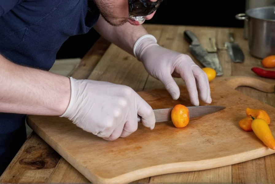 Chef wearing protective gloves and eyewear while carefully slicing a ghost pepper on a cutting board