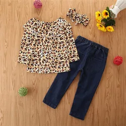 

Baby Gilrs 2 Pcs Set 2t-7t Ruffles Collar Leopard Print T Shirt & Ripped Trousers Broken Hole Jean Pants Baby Denim Clothes