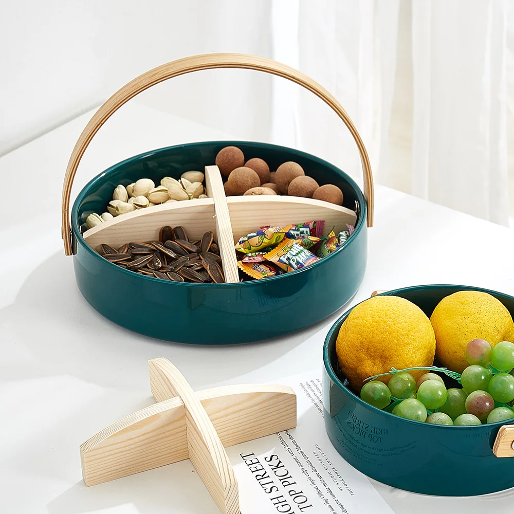 

Basket Fruit Plate Ceramic and Wood Dried Fruit Fruit Tray Modern Home Decor Tray with Handle Living Room Kitchen Decor Plate