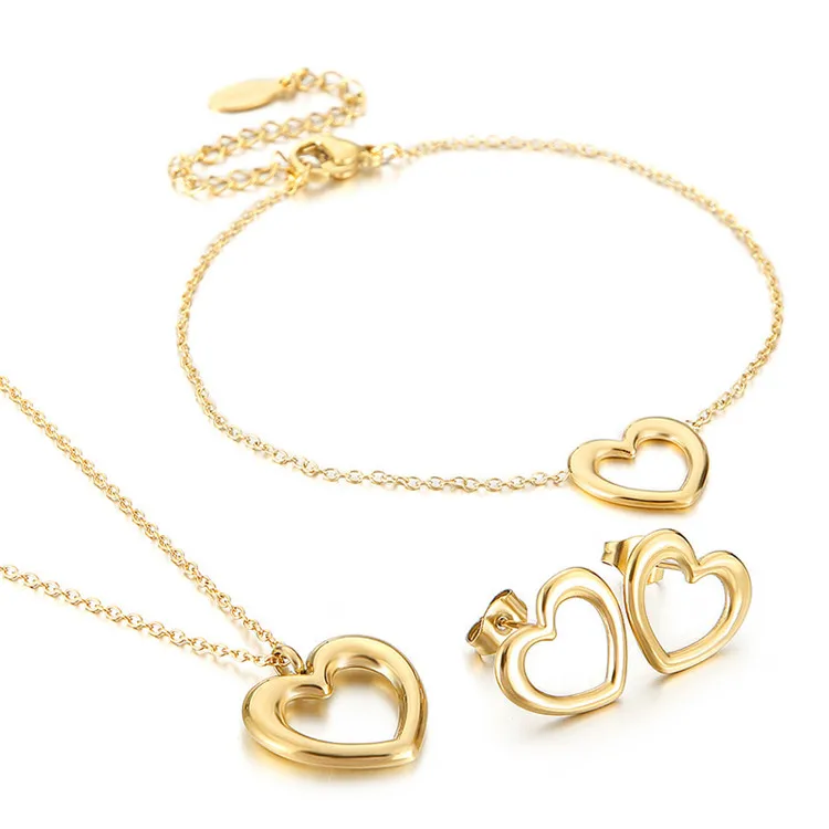

Japanese Simple Women'S Three-Piece Bracelet Necklace And Earrings Heart-Shaped Hollow Pendant Clavicle Necklace Set, Silver, gold