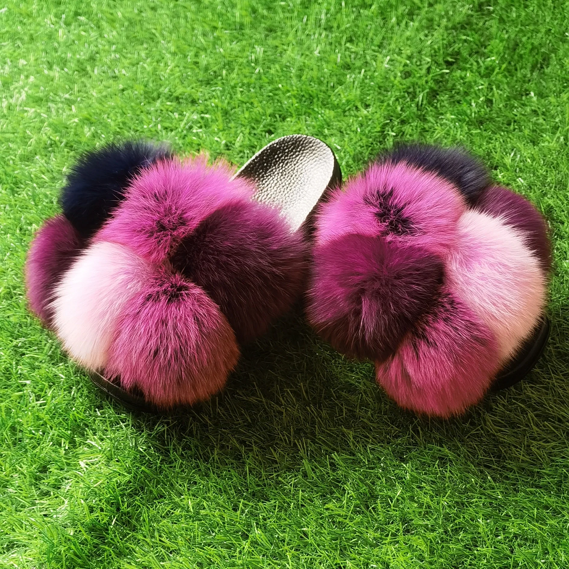 

New trendy mixed color 6 balls fur flat slipper sandals fox fur pom pom slides for women and baby, Customized color