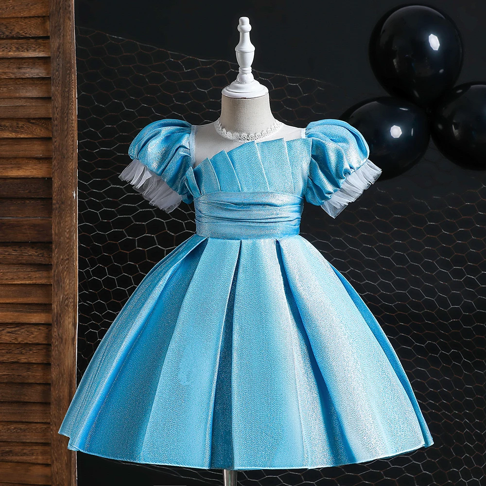 

MQATZ 2023 new fashion stain frock blue short sleeve girl ruffle dress elegant design 8 years ball gown L5301