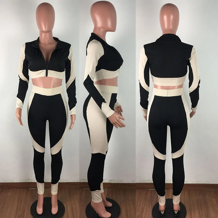 High Quality Zipper V Neck Sexy Crop Top Fall 2021 ladies Clothes Two Piece 2 Piece Set Women Clothing