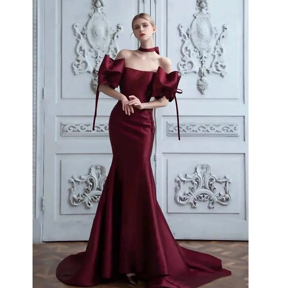 

Gorgeous Evening Dresses Mermaid Russia Girls Burgundy Off Shoulder Bow Sexy Backless Formal Wedding Banquet Party Prom Gowns