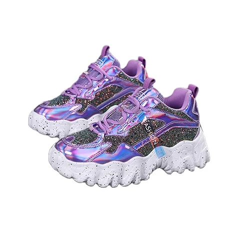 

Breathable lace-up height increasing rainbow color platform chunky shoes casual high wedge sneaker for women