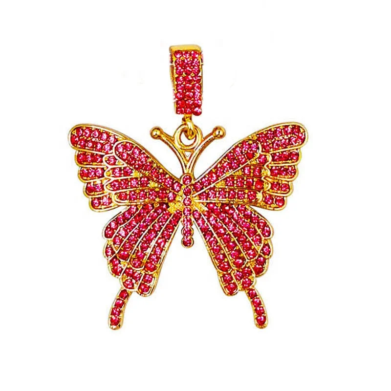 

Colorful Butterfly Gemstone Necklace Miami Cuban Chain Large Pendant Summer Necklace 18k Gold Plated Jewelry, Picture shows