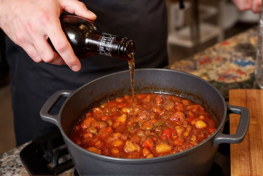 Chef stirring pot of chili with beer bottle showing stout, porter, and amber ale options