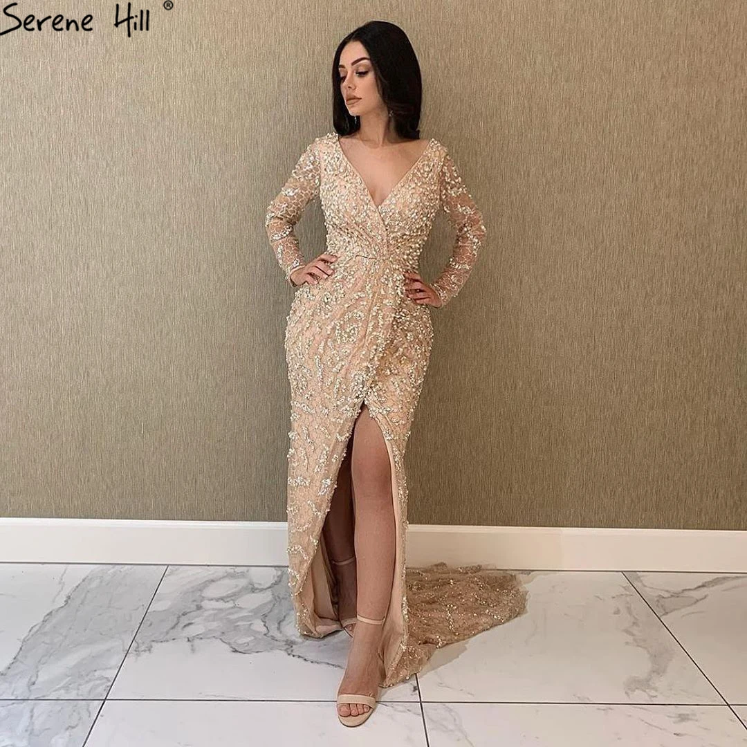 

Serene Hill Peach Color V Neck Sexy Mermaid Evening Dresses 2021 Long Sleeves Pearls Beaded Formal Party Gowns For Women LA70499