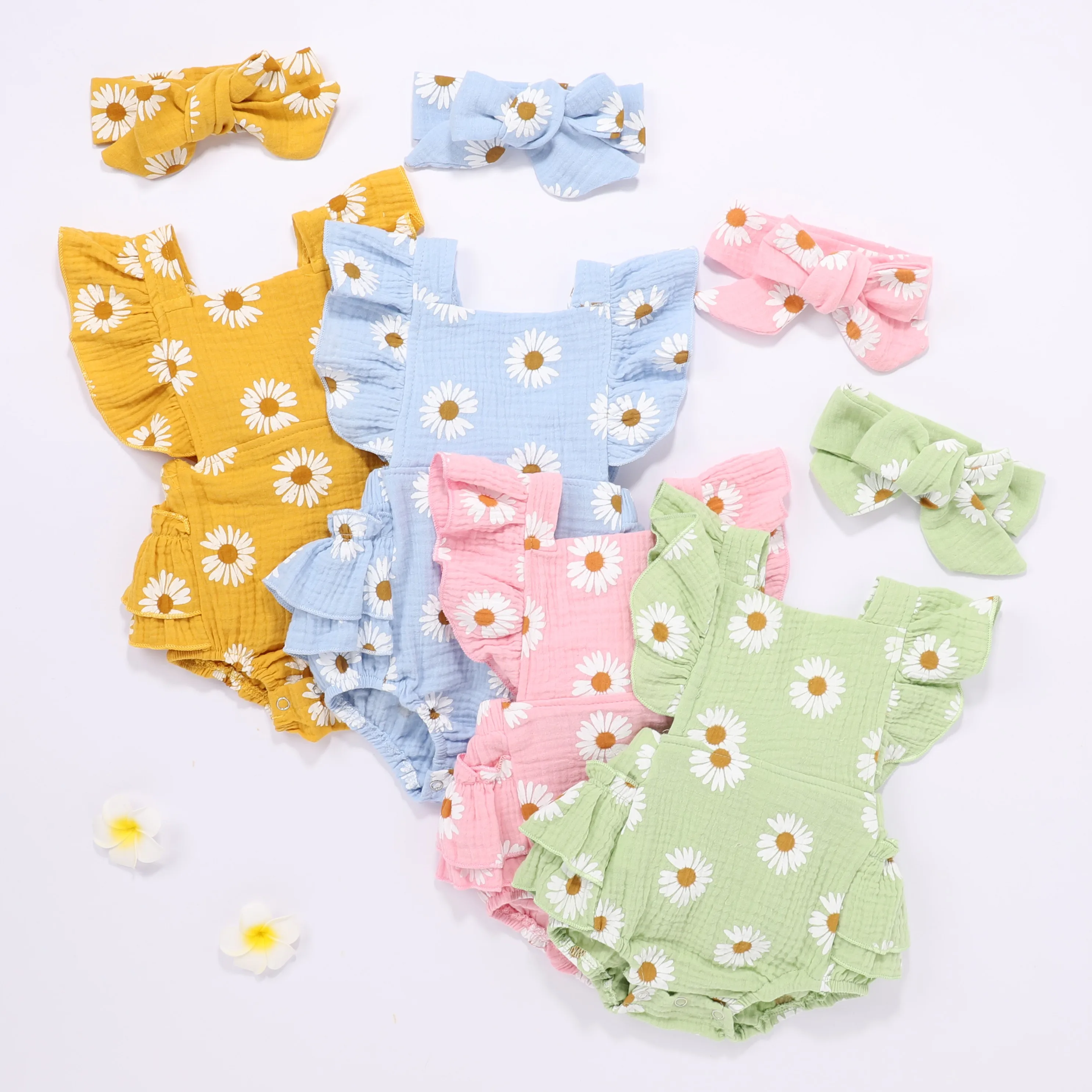 

2021 Wholesale Summer Newborn Baby Girl Clothing Sets Little Daisy Sleeveless Romper Baby Girl Clothes 4 Color Optional